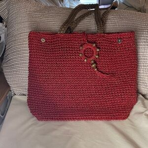 Sun and Sand Red and Gold Woven Tote Bag with braided straps Fun Festive Tote